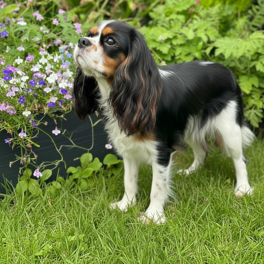 Dog standing on grass surface with flowers and plants in the background