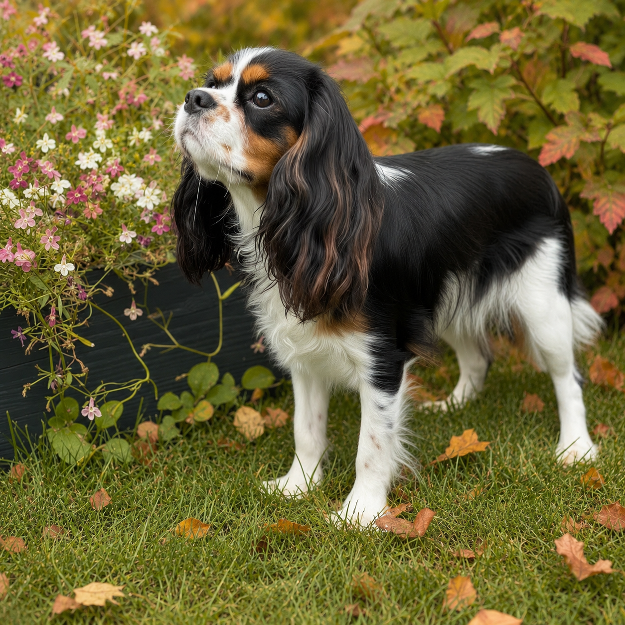 A black, white, and tan Cavalier King Charles Spaniel dog standing on grass outdoors with flowers and autumn leaves in the background.
